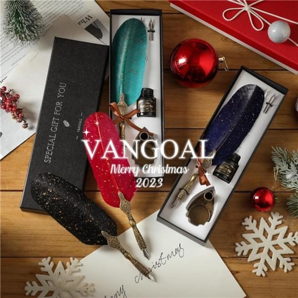 Feather Pen and Ink Set, Glittering Quill Pen Set Antique Calligraphy Dip Pen - Picture 5 of 6